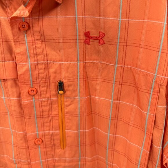Under Armour Mens 2XL Long Sleeve Orange Plaid HeatGear Loose Fit Shirt - Picture 3 of 8